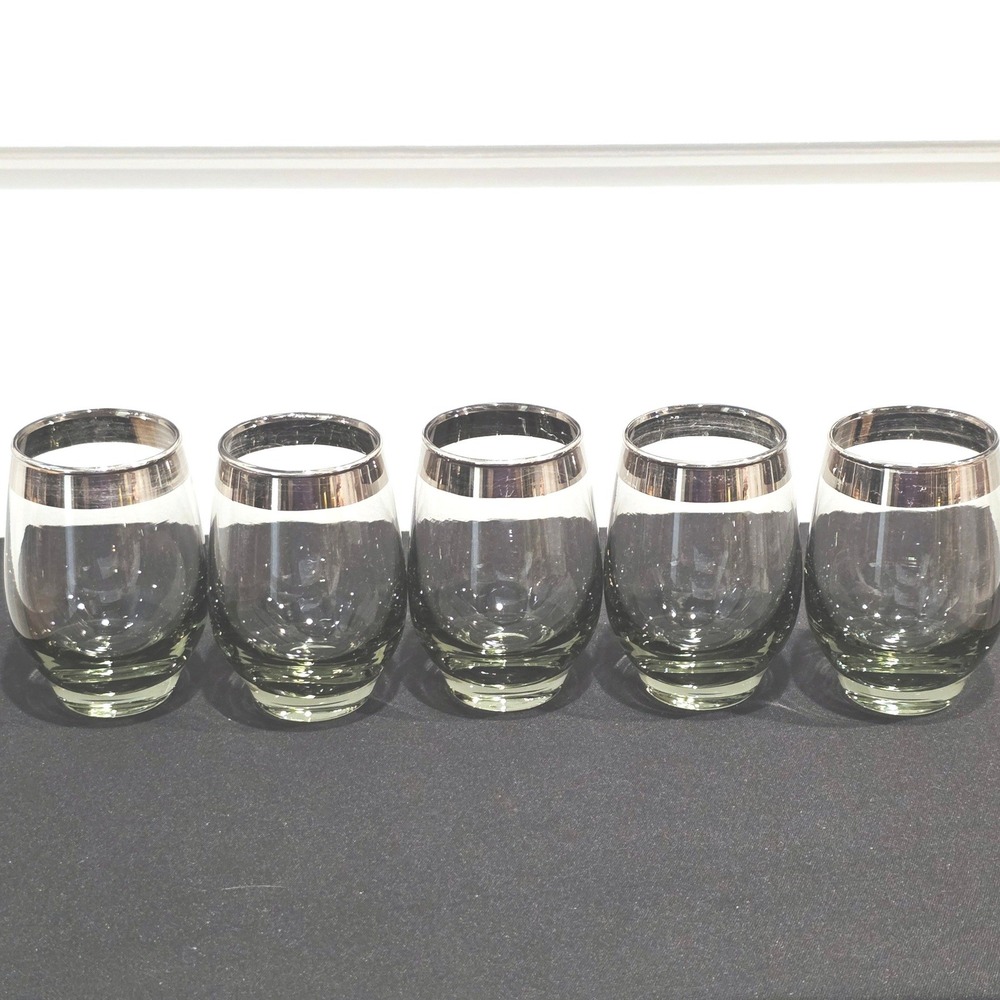 Vintage MCM Drinkware Smoke Green‎ Barware Metallic Trim Retro Stemless Set of 5